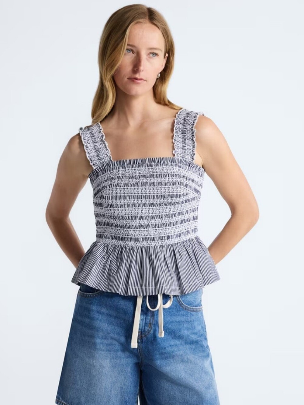 Free Assembly Smocked Cotton Tank Top with Peplum Hem
